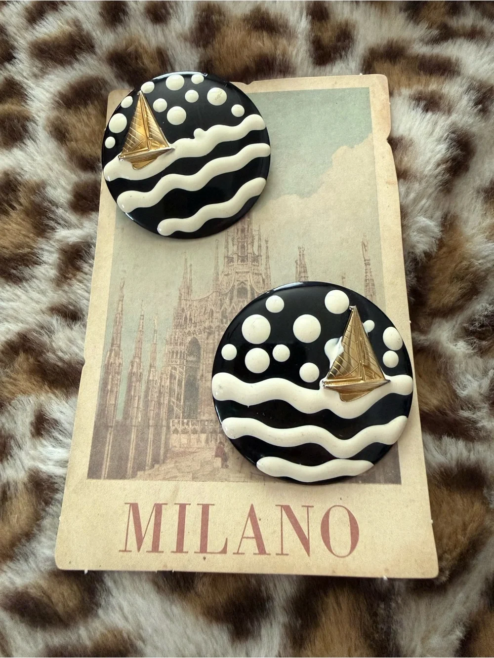 Black and White Nautical Wave Clip-On Earrings - Unbranded